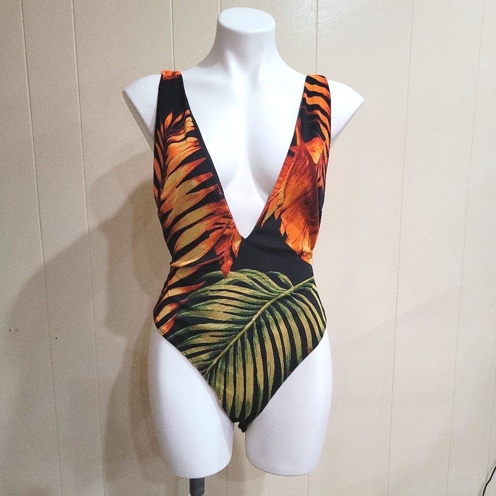 Sexy Windsor Deep Plunge Monokini Tropical Print Small Bodysuit Vacation Summer - Picture 3 of 8